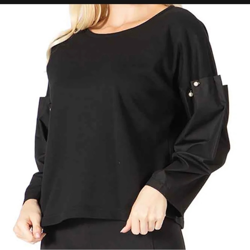 New-vertigo Paris Faux Pearl Beaded, Woven Sleeve,Ribbon Tie Neckline Blouse/Top - Picture 4 of 15
